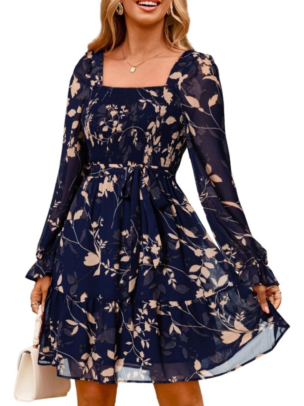 Floral Long Sleeve Mini Dress - Boho Square Neck Smocked A-Line Wedding Guest